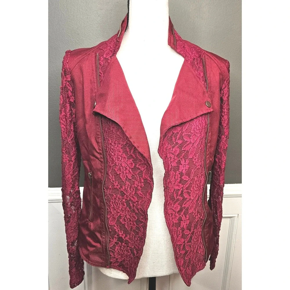 Red Snap Y2K Whimsigoth Lace Red Long‎ Sleeve Small Shacket